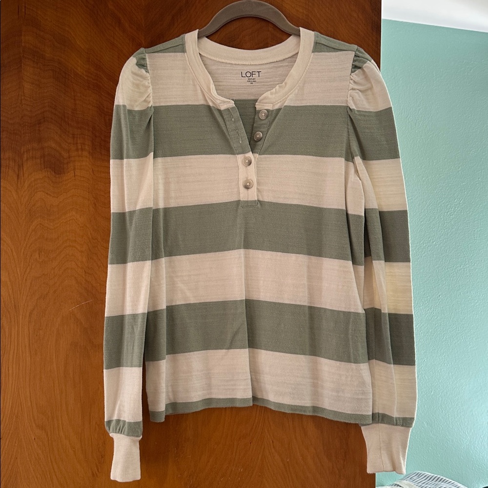 LOFT Olive and Cream Striped Henley Top